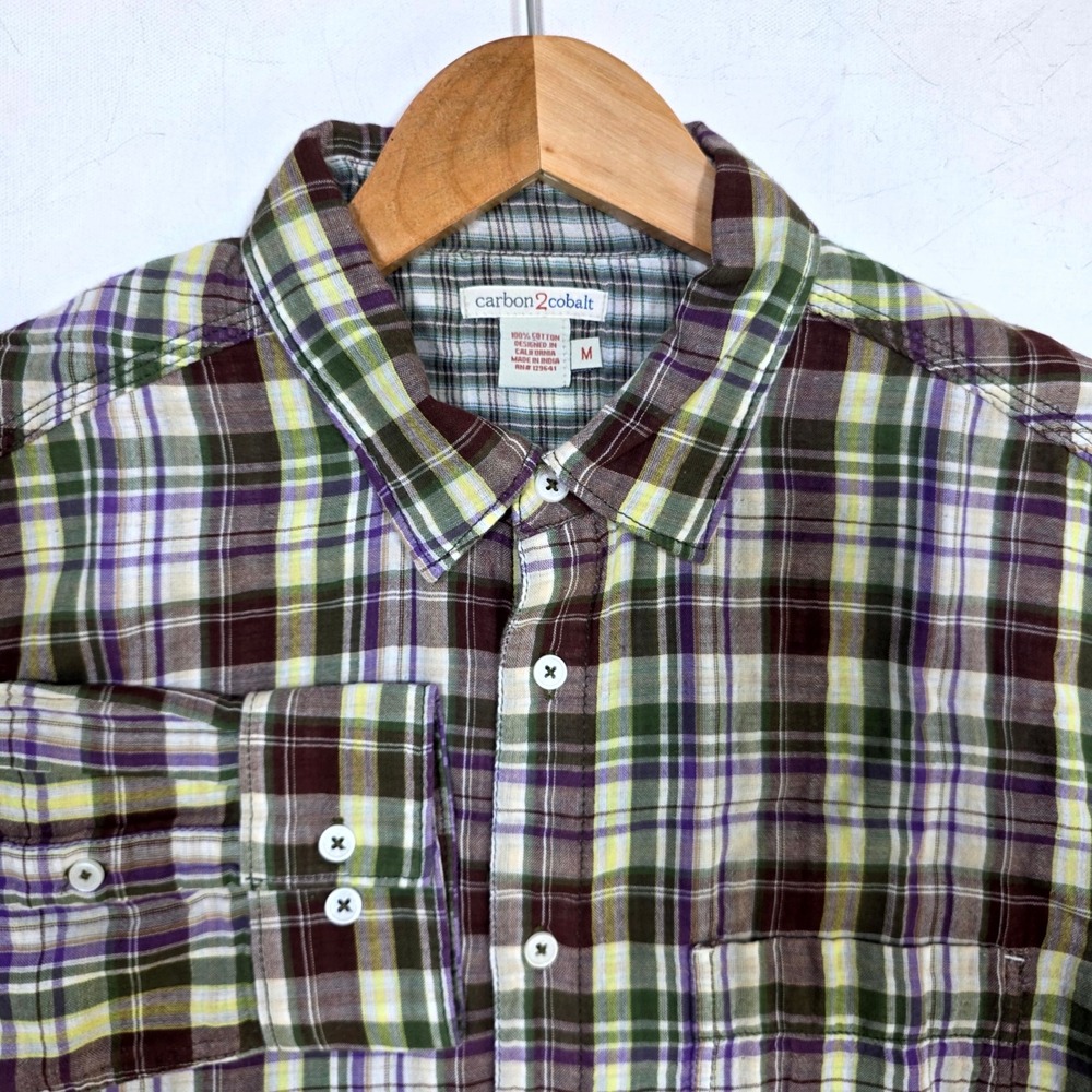 Carbon2Cobalt Button Down Shirt Mens Medium Green Purple Plaid Long Sleeve